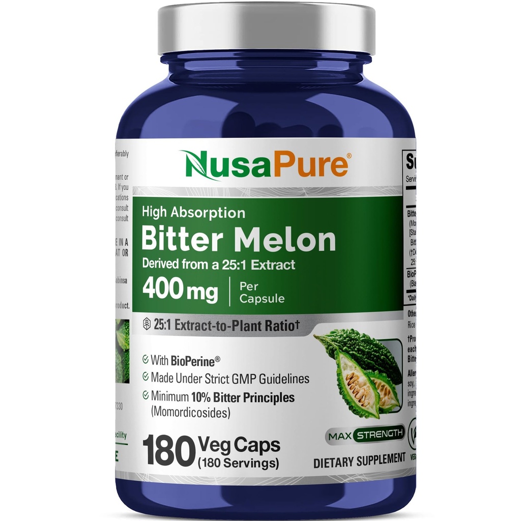 NusaPure Bitter Melon Extract 10.000 mg 180 Vegan Caps (100% Vegetarian, Non-GMO, Gluten- Free, 10% Bitter Prinsip) Bioperin