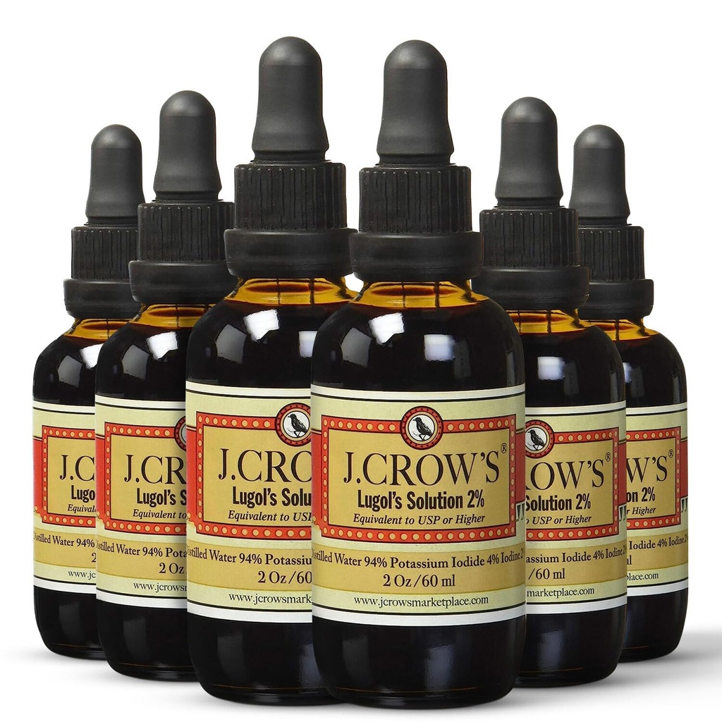 J.CROW 'S ® Lugol' s Solution of Iodin 2% 2 oz (6 Bottles) - Premium Iodium & Potasium Iodide Liquid, Gluten &, Extract Natural Bebas Brine, Tidak Ada Ekspirasi