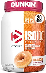 dymatize x Dunkin 'Glazed Donut ISO100 Whoin Powder, 25g Protein, 5.5g BCAAs, 120 Cal., Gluten Free, 1g Fat, 1g Sugar, 2g Carb (20 Pelayan)