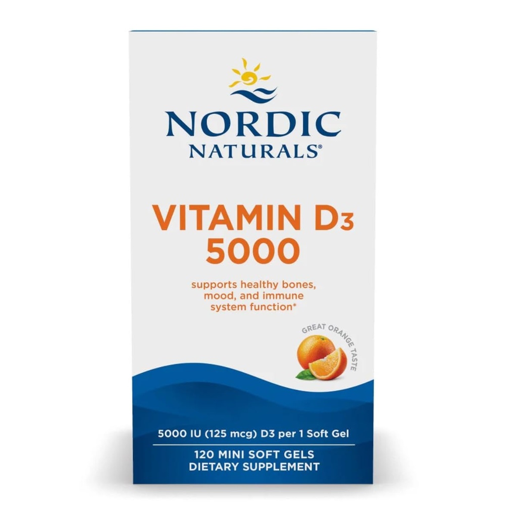 Nordic Vitamin D3 5000, Orange - 120 Mini Soft Gels - 5000 IU Vitamin D3 - Support Heally Bones, Mood & Imune System - Non-GMO - 120 Servings