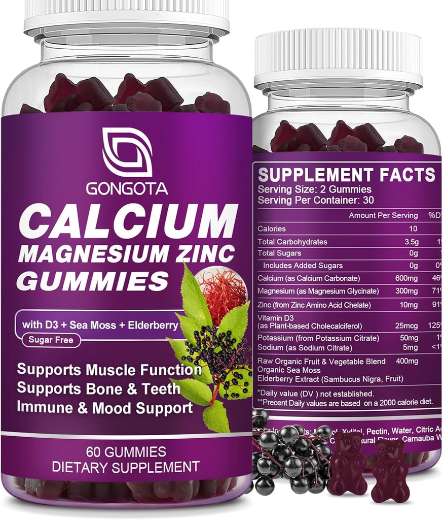 Kalsium Magnesium Zinc dengan Tambahan Vitamin D3, Sangat Absorbend Kalsium Gummies dengan 300mg Magnesium Glycinate Dukungan Bone & Teeth, Otot untuk Dewasa dan Remaja, Sugar Free, Vegan - 60 Count