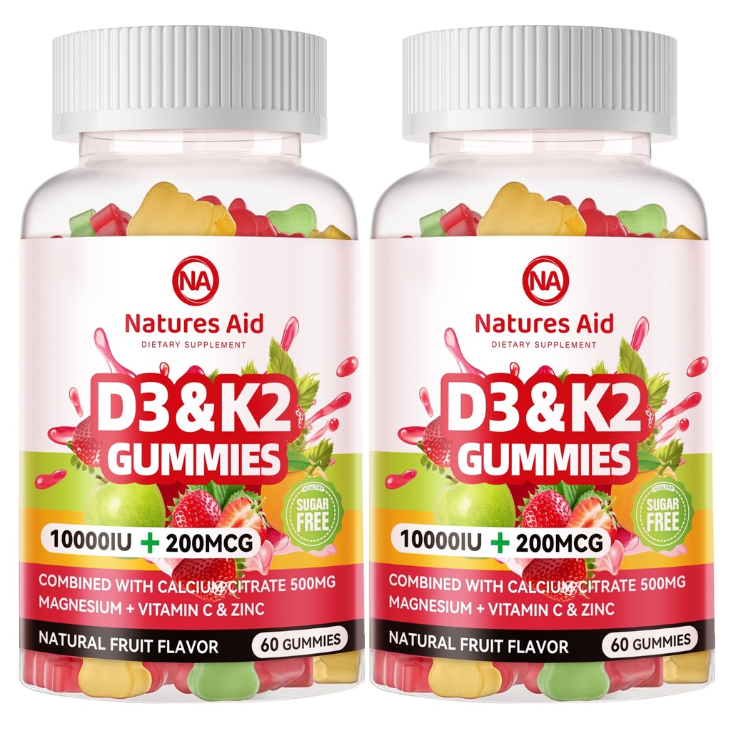 Nature Aid Sugar- Free Vitamin D3 K2 Gummies dengan Kalsium + K2 (MK-7), Magnesium Citrate, Vitamin C, Ekstra Kekuatan - Absorpsi Ultimate untuk Bone Muscle Feeth Ammune, Vegan - 120 Gummi