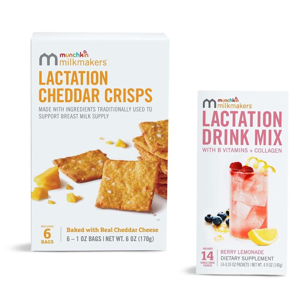 Munchkin ® Milkmakers ® Lactation Drink Mix Suplemen dengan B Vitamin & Milk Thistle, 14 Count and Lactation Cheddar Crisps for Breastfeed Moms with Oats and Flax, 6 Count