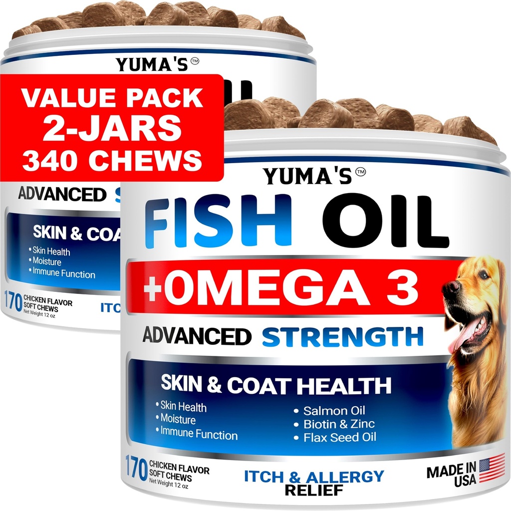 (2 Paket) Omega 3 Fish Oil for Dogs - 170 Chews - Skin and Coat Suplement - Omega 3 for Dogs - Dots - Dry & Itchy Skin Relief Treatment - Allergy Dukung Dog Anti Shedding Treats - Salmon