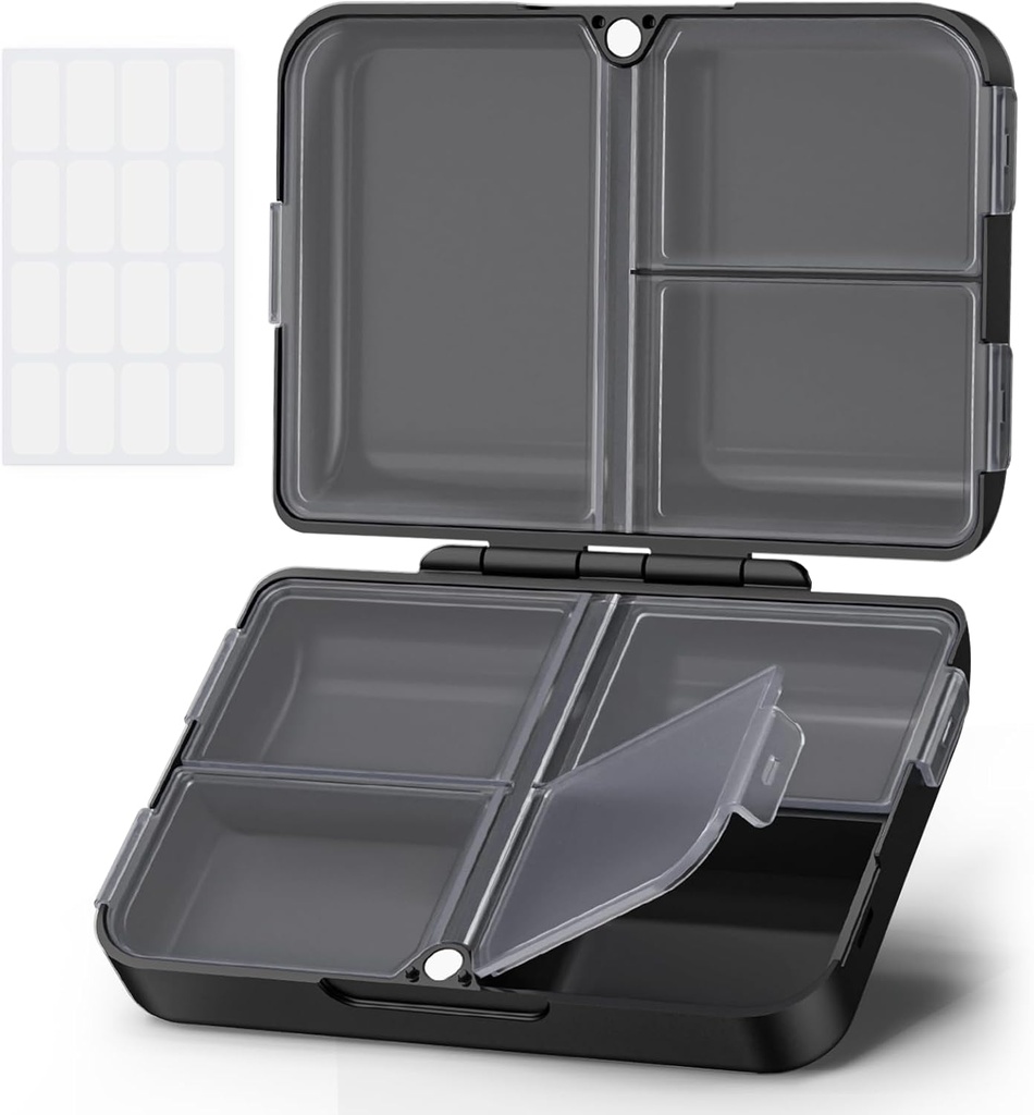 AUVON Daily Pill Organizer Fit with Your Purse or Pocket, Compact Travel Box Case with Slim Folding Design and Long- Lasting Hinges to Hold Vitamin, Fish Oil, Supplement or Jewelry (Black)