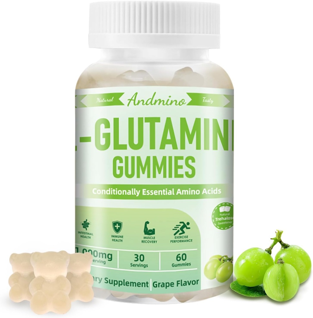 L- Glutamine Gummies 1000 mg, dengan Trehalose, L Glutamine Supplemen Dukungan Intestinal, Boost Immune & Muscle Kesehatan, untuk Dewasa & Anak-Anak, Non- GMO, Vegan, Gluten Free, Grape Flavor, 60