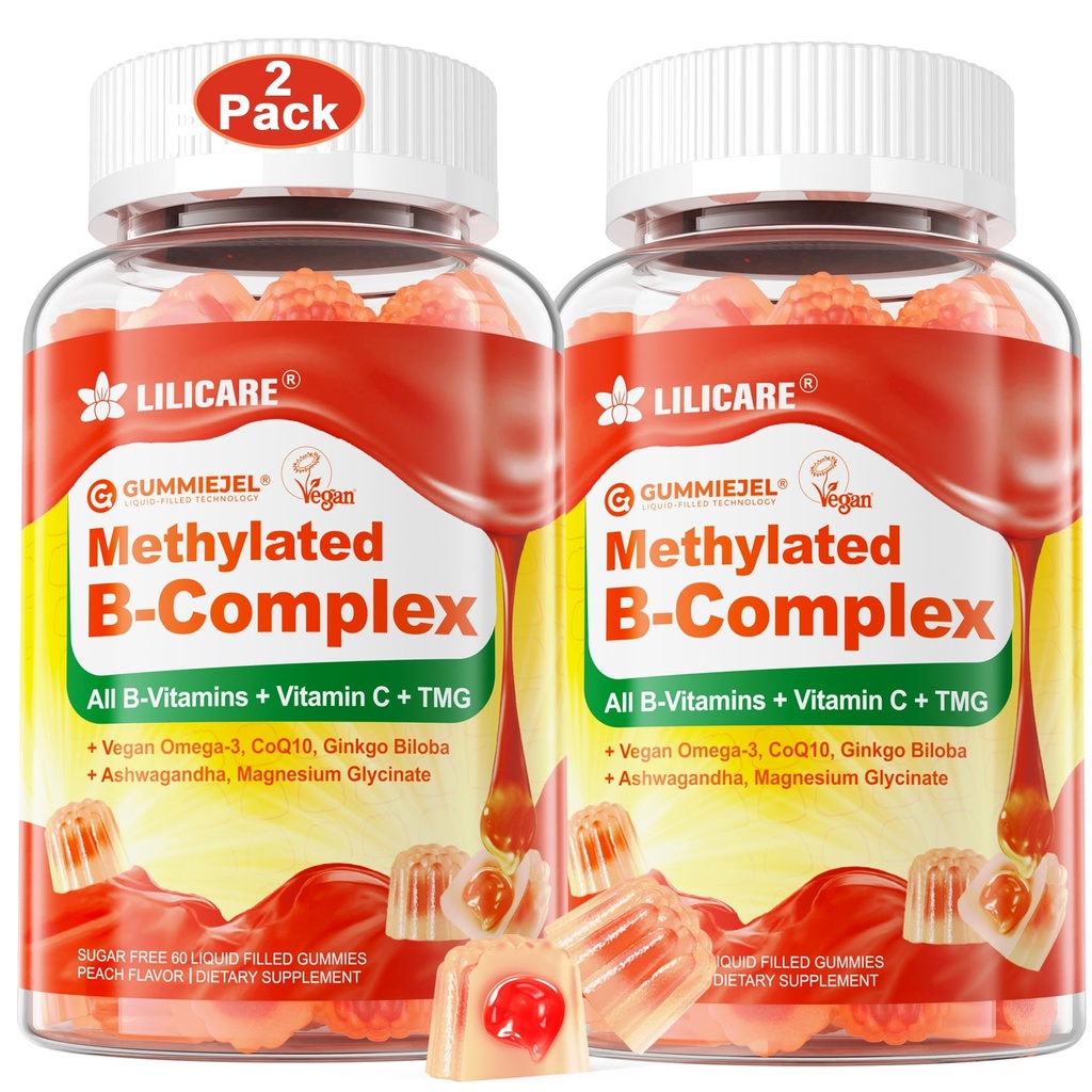 Kompleks Penuh Gummies & Pria Super Vitamin B, Methylated w / Omega 3, Magnesium, CoQ10, Ashwagandha, Vitamin C, TMG, Sugar Free - 60 Count (Paket 2)