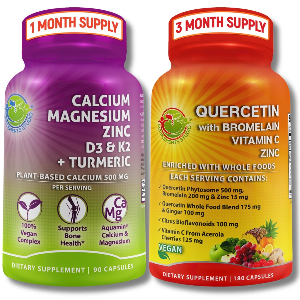 SUPLEMENTS STUCEtin dengan Bromelain, Vitamin C & Zinc + Plant - berbasis Kalsium, Magnesium, D3, K2 & Turmeric - 100% Fegan Tambahan Bundle untuk Imune & Bone Support