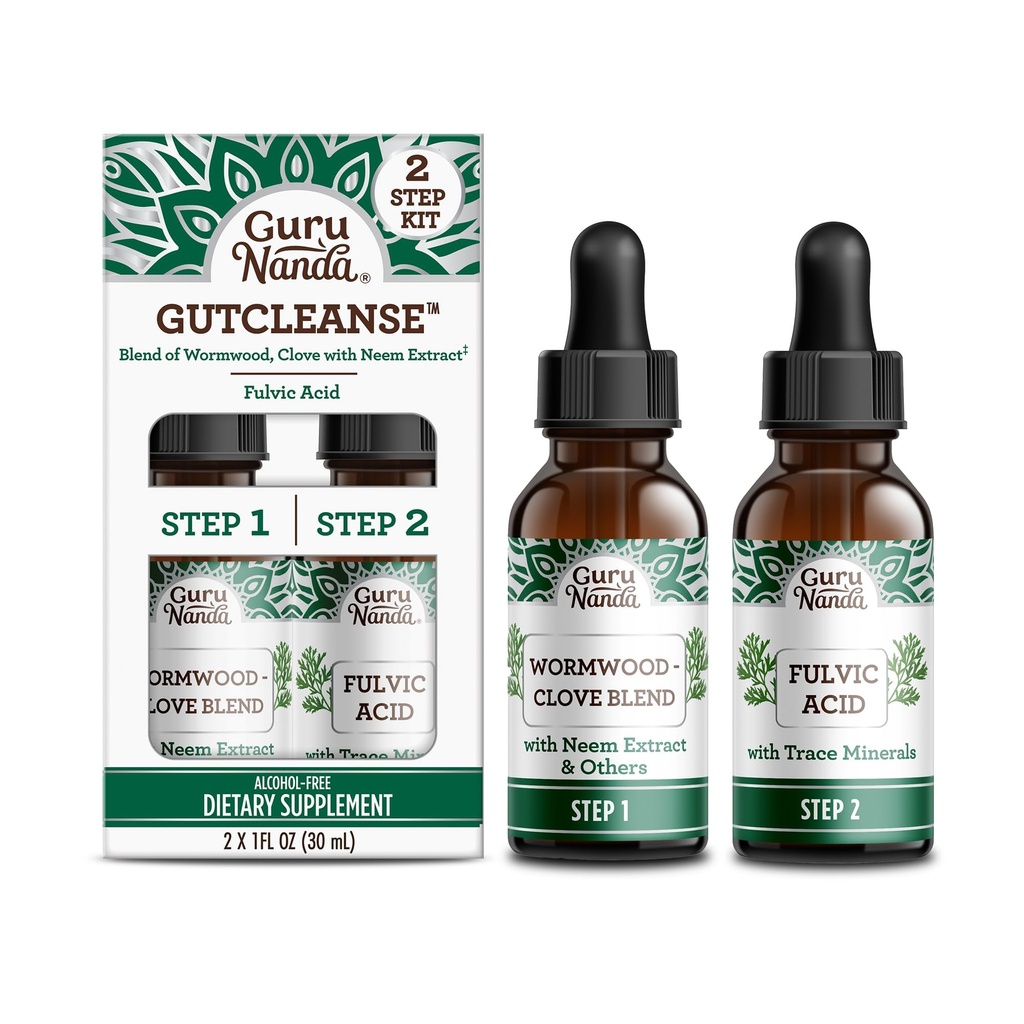 GuruNanda Gutcleaner 2- Langkah Kit - Peralatan Dieter untuk Bantuan dengan Ditraffic - Blend of Fulvic Acid, Wormwood, Clove & Neem Extract, 2x1 FIOz