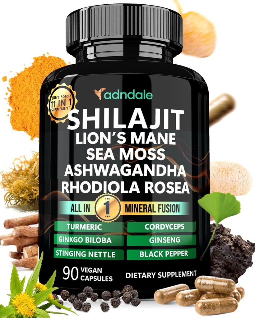 Adndale Shilajit Suplemen. Murni Himalaya Shilajit Organik untuk Pria dan Wanita Capsules dengan Laut MosMosMosAshwagandha Rhodiola Singa Mane. 90 Count