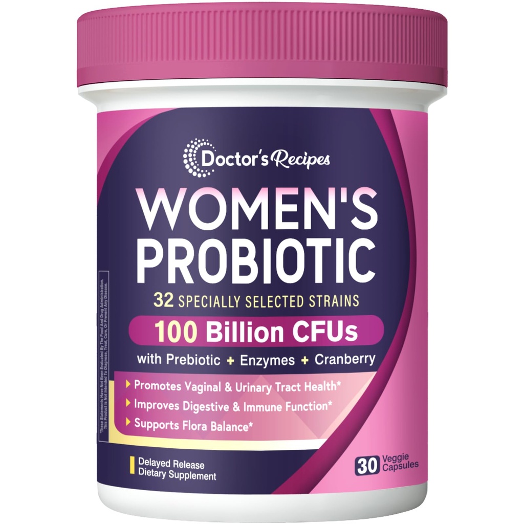 Dokter 's Recipes Progition for Women, 100 Billion CFU 32 Strains, with Prebiotic Fiber, Enzymes & Cranberry, Vaginal Urinary Digeatle & Imune, No Yeast, Shelf Stable, Delayed Rilis, 30 Caps