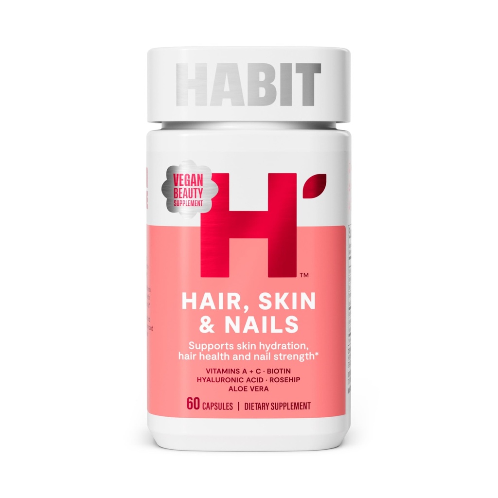 Habit Hair, Skin & Nails Suplemen (60 Kapsul) - New Look, Support Skin Hydration, Hair & Nail Power, Biotin 2000mcg, Vitamin A & C, Hialuronic Acid, Rosehip, Vegan, Non-GMO (1 Pack)