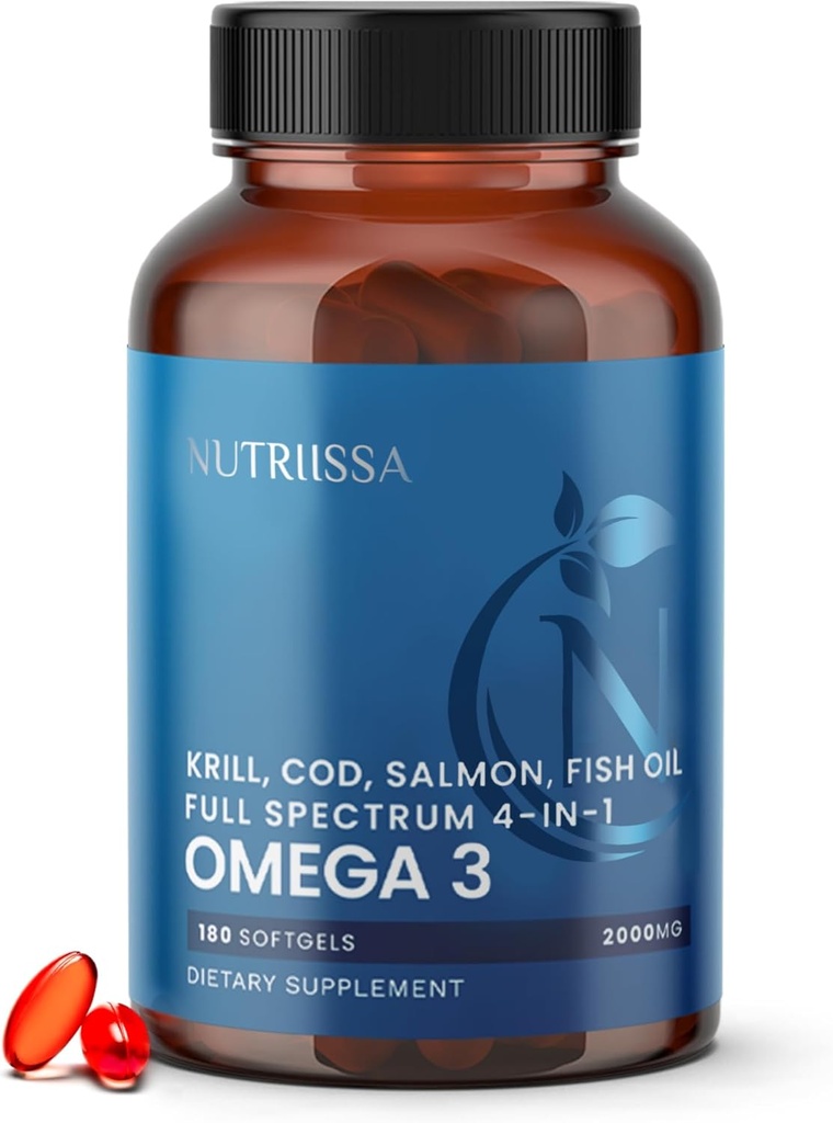 Nutriissa Full Spectrum Omega-3 - 2000 mg Oil Blend (Krill, Cod & Salmon Oil) - 1175 mg Omega- 3 s (EPA, DHA & DPA) - EPEB Sertifikasi, 3- Month Supply - Heart, Brain & Joint Dukungan - 180 Halal Softgel