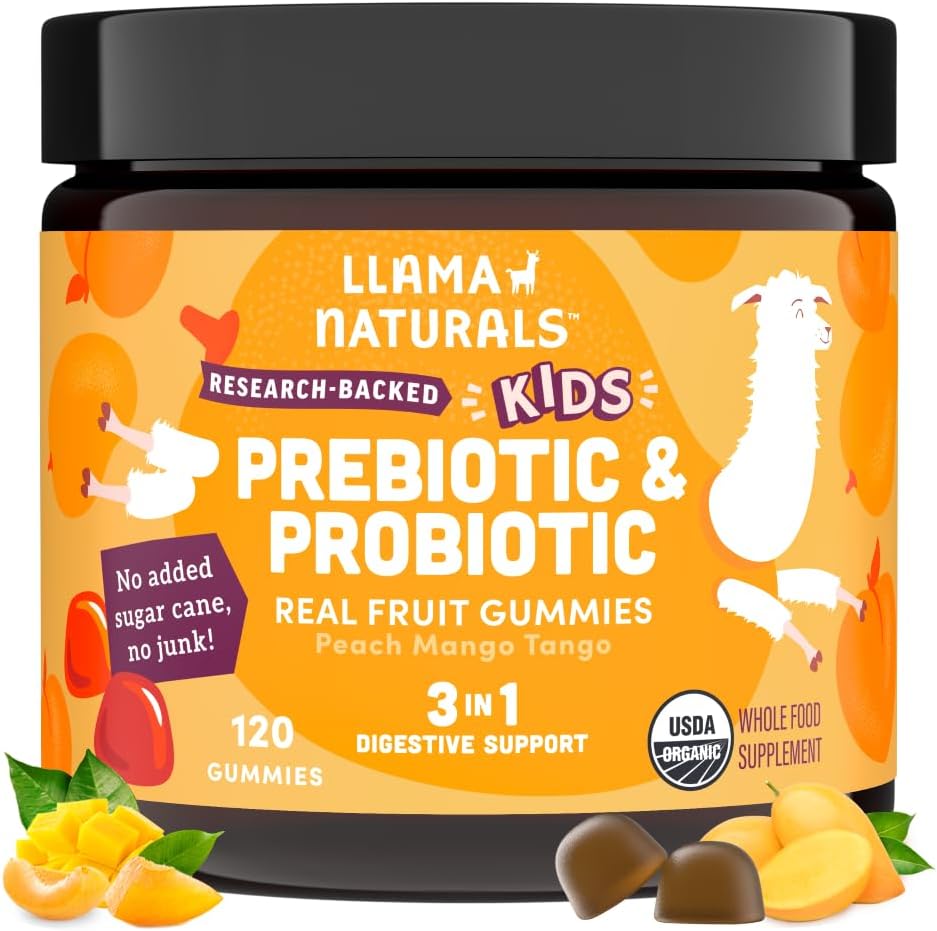 Ilama Probiotik Anak-Anak dengan Prebiotik Fiber, Vegan, Pregan Organik dan Gumi Progories untuk Dukungan Kesehatan Gut, Toddler Real Fruit Vitamin, Tidak Ditambahkan Gula Cane, Peach Mangga, 120 Ct