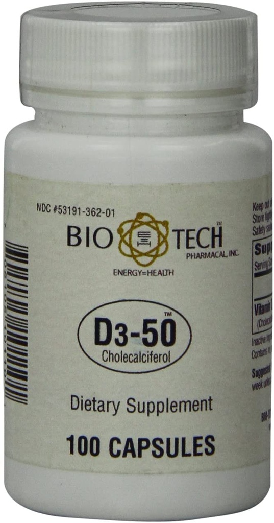 Bio- Tech Pharmacal D3- 50 50.000 IU, 100 Kapsules Alll-Natural Supports Bone, Heart Neuromuscular, & Imune Health No Dairy, Fish, Gluten, Peanut, Shellfish, & Soy