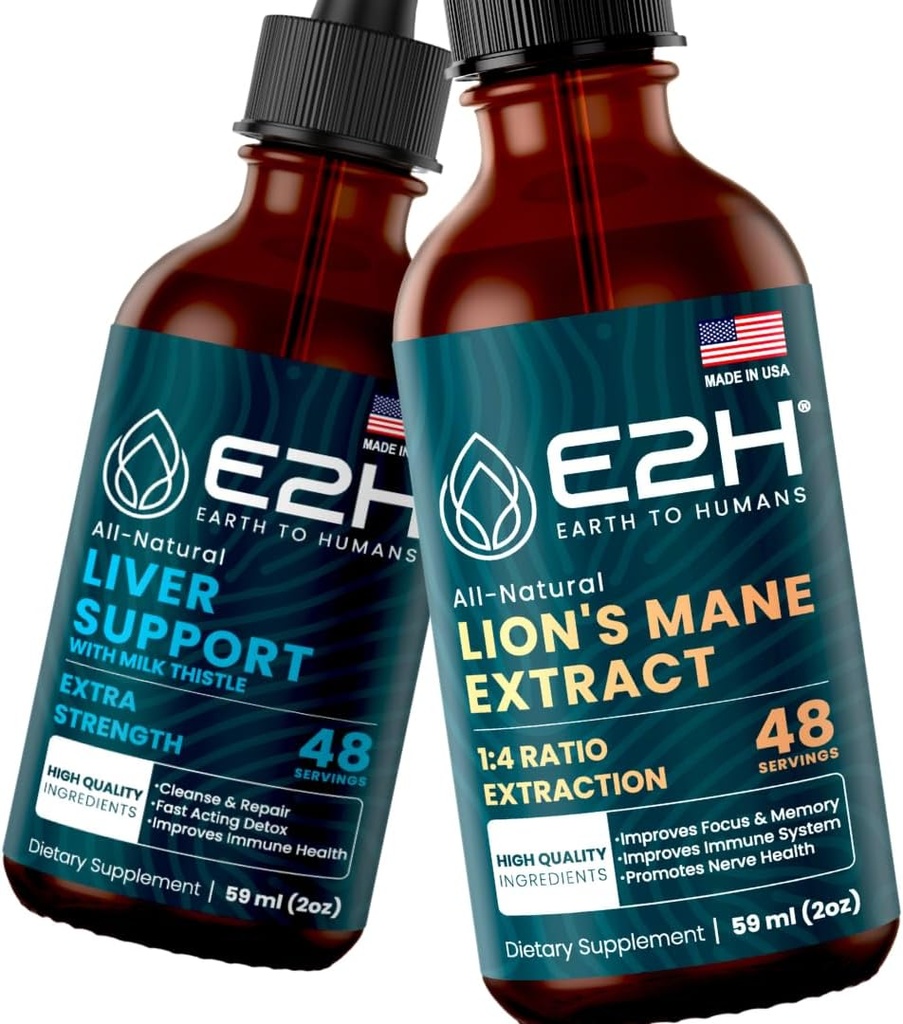 E2H: Suplemen Dukungan Hati dan Suplemen Jamur Cordyceps: 124; Vegan, Non- GMO - 2 Fl Oz Masing-masing (4 Fl Oz Total) - Bundle