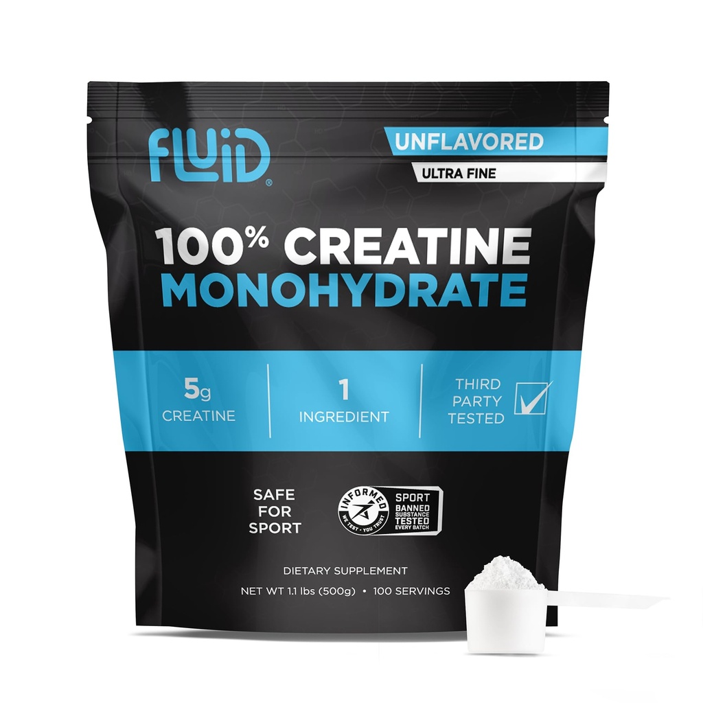 Fluid Creatine - 100% Creatine Monohydrate Powder, Unflashored, Informed Sport bersertifikat, 5g per Serving (100 Serving)