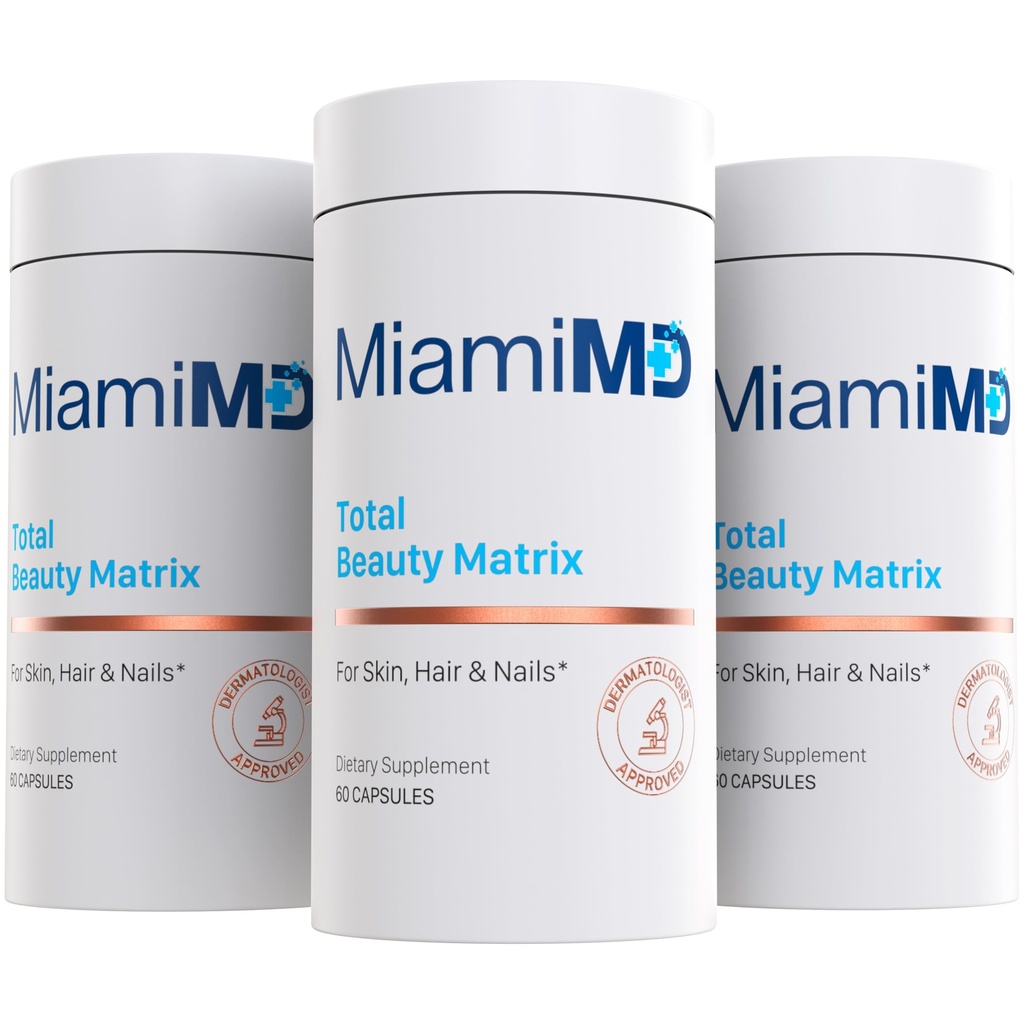 MiamMD Total Beauty Matrix Collagen Suplemen Perempuan - Collagen Capsules dengan Vitamin C untuk Rambut, Skin dan Nails - Bebas Salib - (60 Kapsul) - 3 Pack