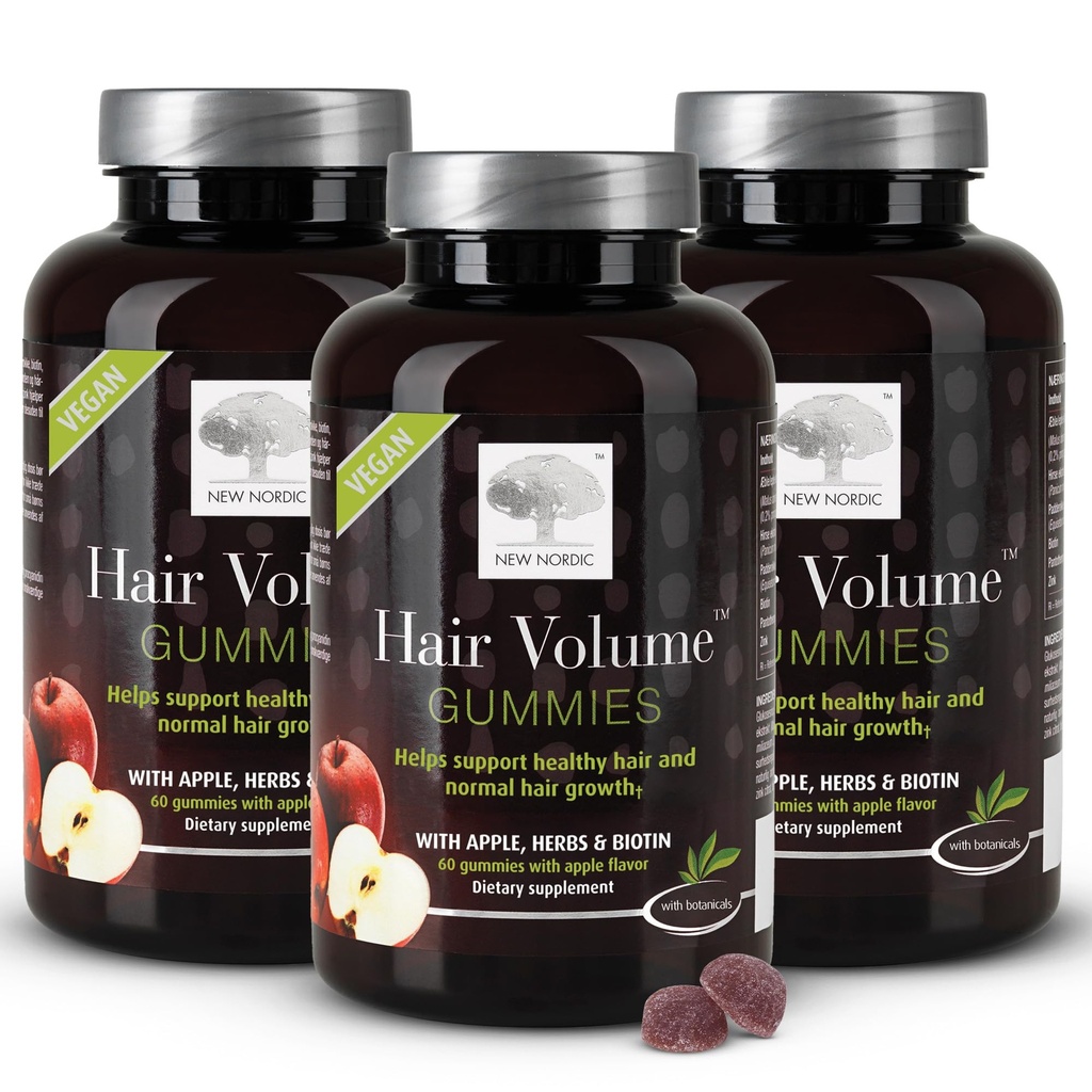 New NORDIC Volume Gummies, 2500 mcg Biotin, Penyedia Rambut Harian Vitamin untuk Mendukung Rambut Skin & Nails, Vegan, 60 Cacah (Paket 3)