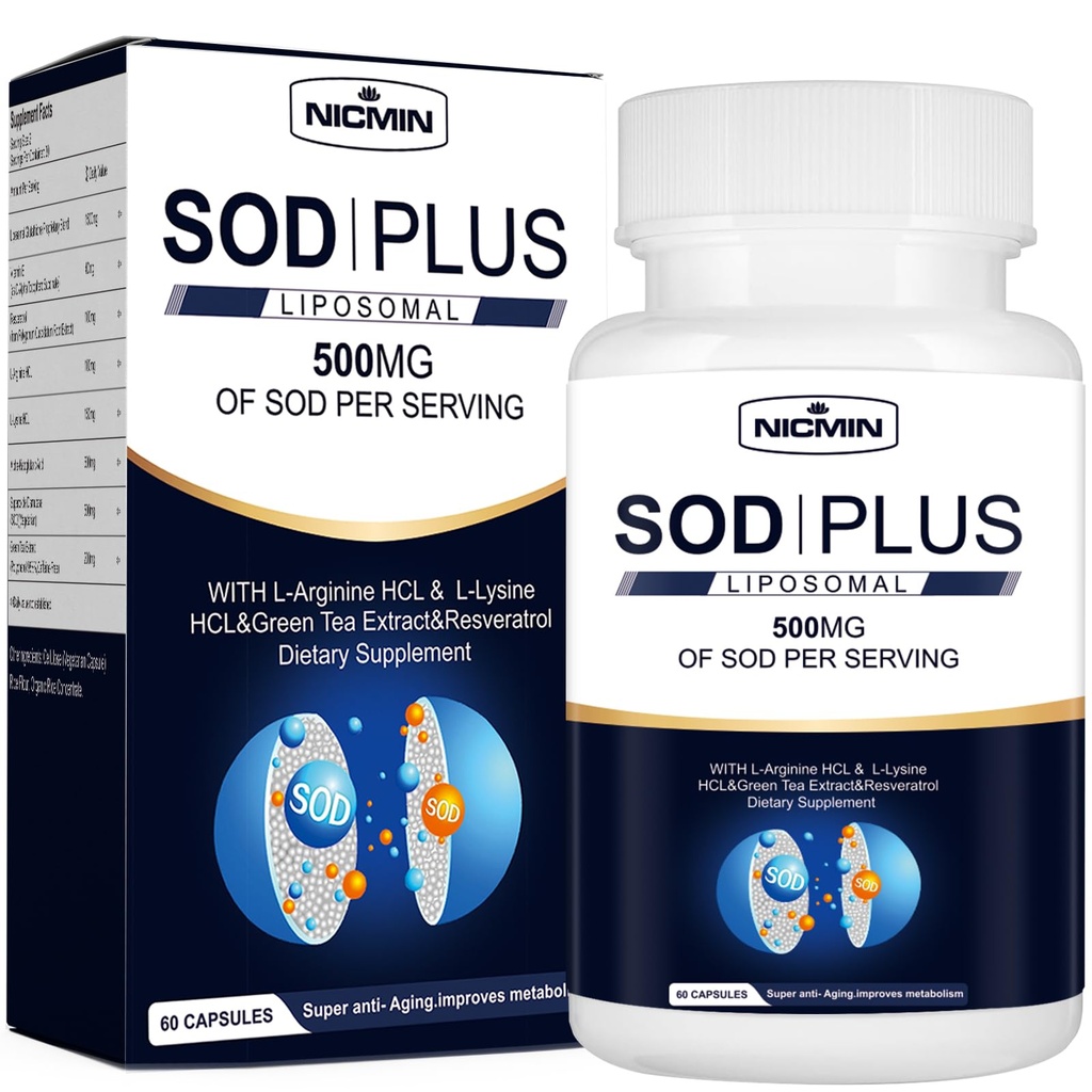 Superoksida Dismutase Suplemen 500mg - SOD Ditambah dengan lipomal glutathione, AKG, Green Tea Extract, L-Arginine, Lysine, Resveratrol dan Vitamin E untuk Dukungan Imune, Antioksidant 60 Capsules
