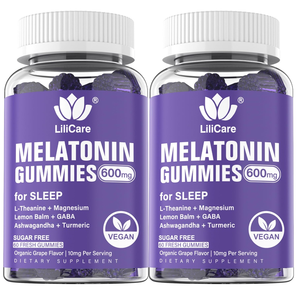 Melonasin 20mg Gummies for Adules (2 Packs) Ekstra Kekuatan dengan L- Theanine, Ashwagandha, Magnesium, Turmeric, GABA, Lemon Balm dan Chamomile untuk Supports Heally Circadian Rhythm, Grape Flavor
