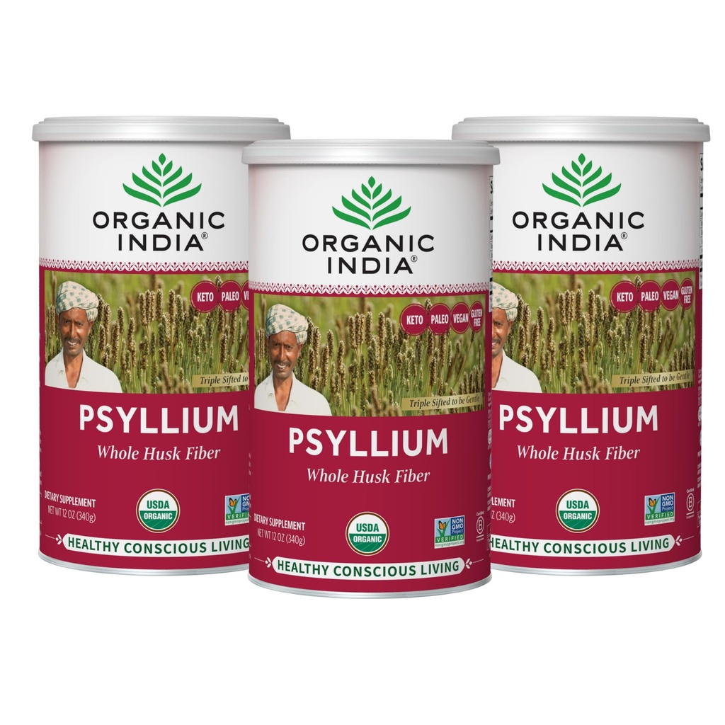 Organic INDIA Psyllium Herbal Powder - Whole Husk Fiber Suplement, Ditraffic Support, Vegan, Gluten- Free, USDA Certified Organik, Non-GMO, Soluble & Impolsible Sumber Fiber - 12 oz (Paket 3)
