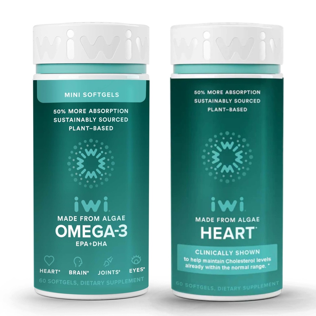 Iwi Omega-3 Minis & Heart Omega-3 Bundle, 30 Hamba, Tanaman Vegan - berbasis Alga Omega 3, Krill & Fish Oil Alternatif, tidak ada Fishy Aftertaste