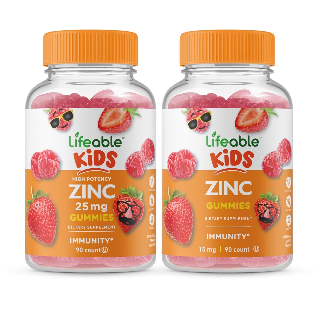 Lifeable Zinc 25mg Kids + Zinc Kids, Gummies Bundle - Great Tasting, Vitamin Suplemen, Gluten Free, GMO Free, Chewable Gummy