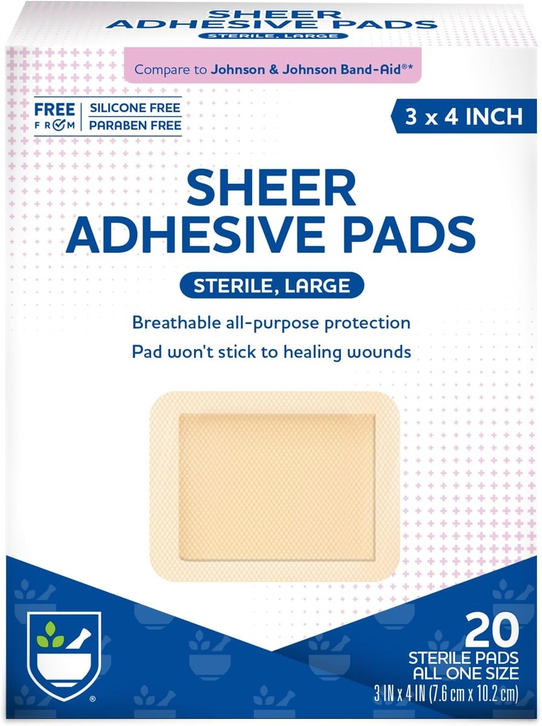 Rite Aid Sheer Adhesive Bandages with Sterile Non Stick Pad, 3 "x 4" - 20 Count Angels 124; Wound Care / First Aid Supplies; Bandage Brap 124; Tape Medis untuk Skin Bandages