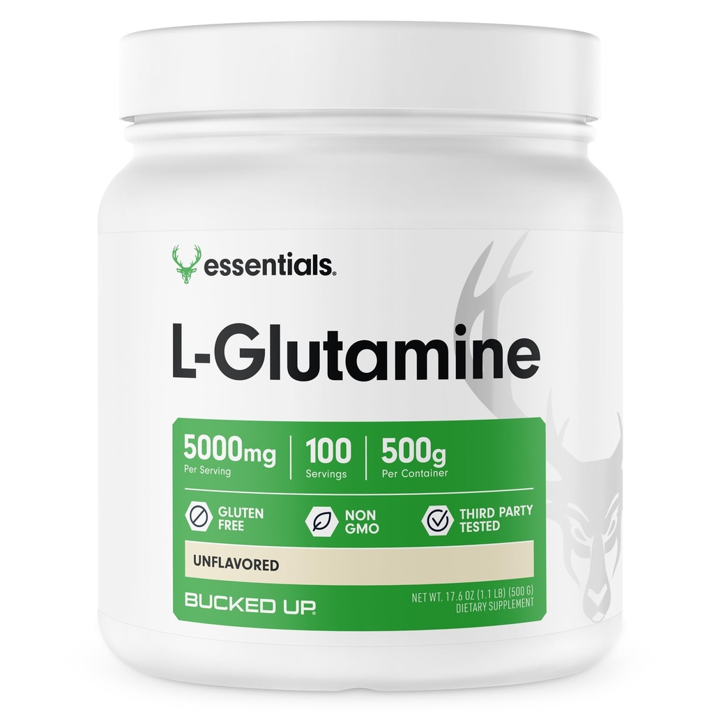 Bucked Up L-Glutamine 500g Powder, Gluten-Free, Non- GMO, Unflasported (100 Pelayan)