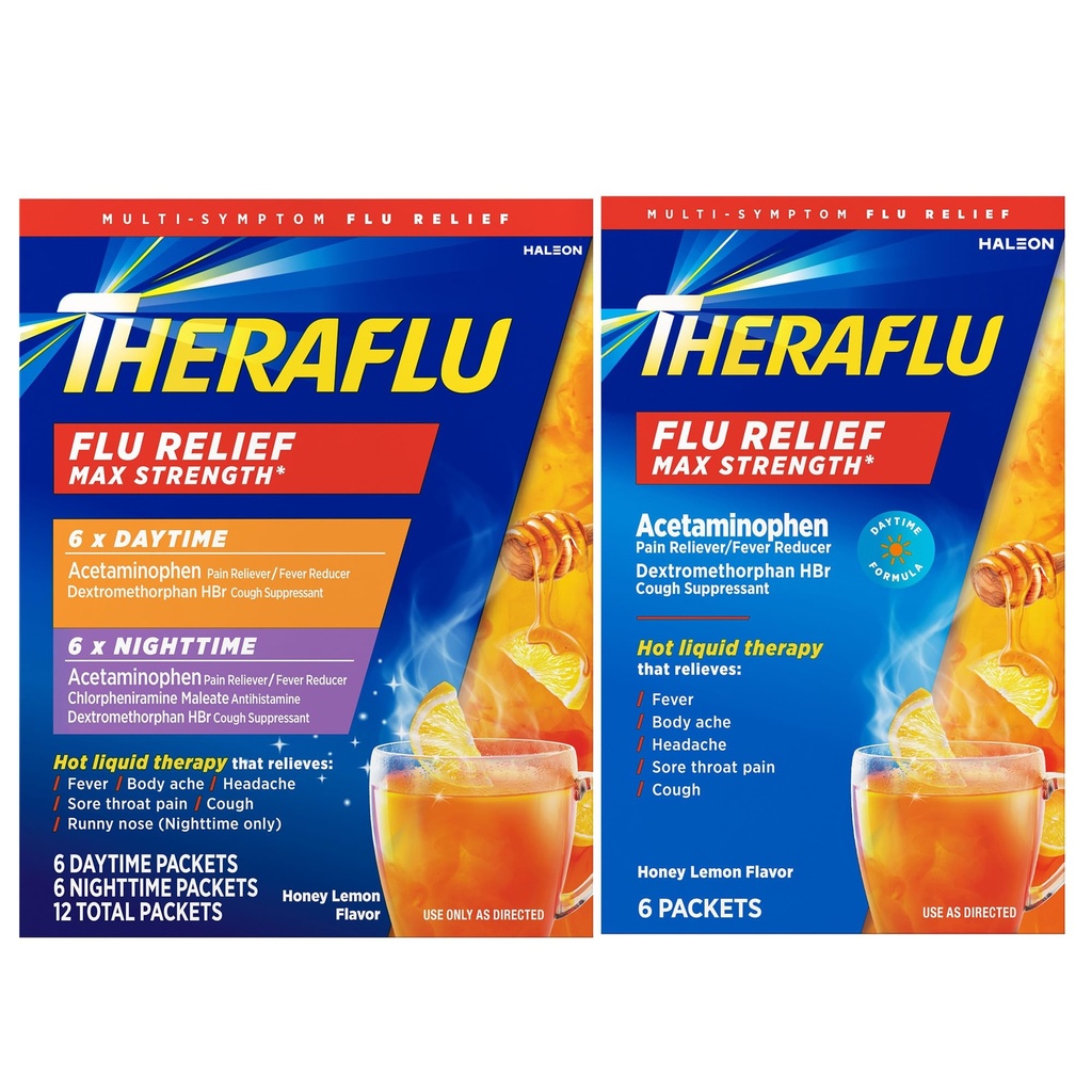 Theraflu Max Power Daytime & Nighttime Flu Symptom Relief Honey Lemon Flavor Pounder & Daytime Flu Symptom Relief Honey Lemon Powder, 6 Daytime + 6 Nighttime, & 6 Honey Lemon Flavor Powder