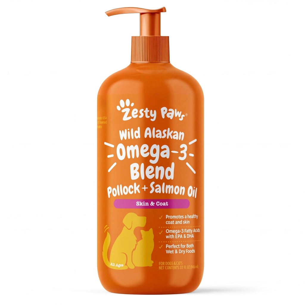 Zesty Paws Wild Alaska Omega- 3 Blend Pollock + Salmon Oil for Dogs and Cats- Skin and Coat Support, Omega 3 Supplemen Pets, 32oz