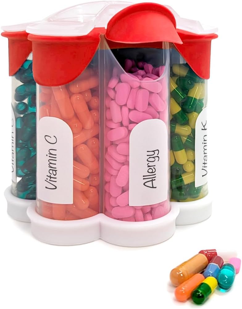 Extra Large Pill Organizer Daily, Weekly, Monthly Suplement Bottle, Cute Blossom Pill Discenser dengan 7 XL Kompartemen, Easy- Open Pill Box for Vitamin, Medications, Label Included (Red)