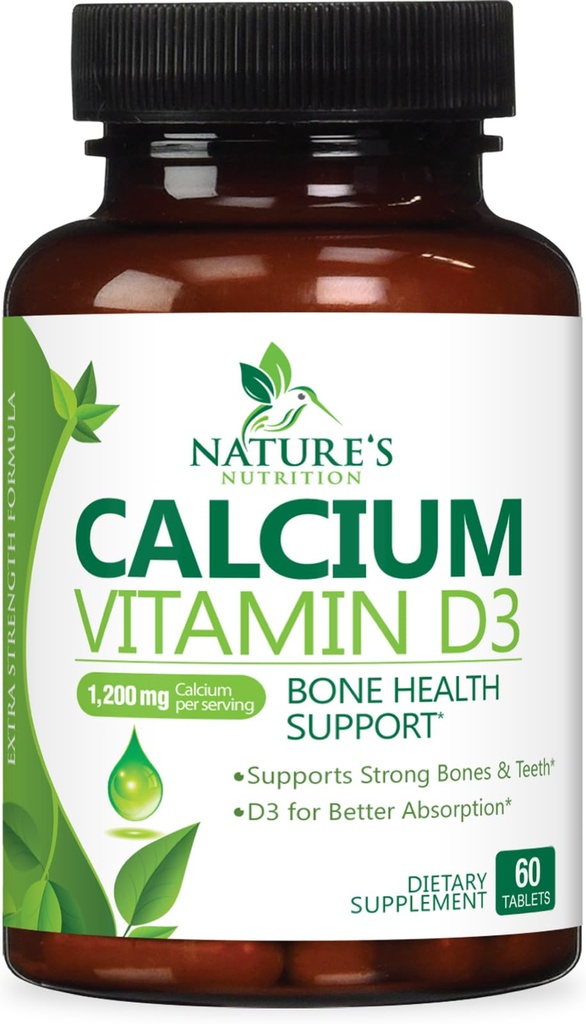 Tambahan Kalsium 1200 mg - dengan Vitamin D3 untuk Peledak Terbaik - Mendukung Kesehatan Ammune, Tulang & Gigi - Alam Kalsium Karbonate + 1600 IU dari D3 - Botol di AS untuk Perempuan & Pria - 60 Tablet