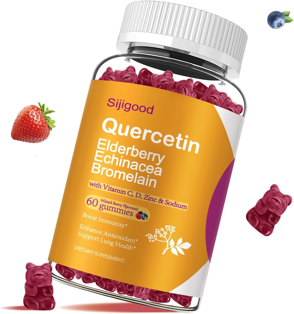 Quercetin Gummies dengan Bromelain, Elderberry, Echinacea, Vitamin C D Zinc - Imune Sistem Dukungan 60 Counts Murni Quercetin Gummies untuk Anak-anak & Dewasa