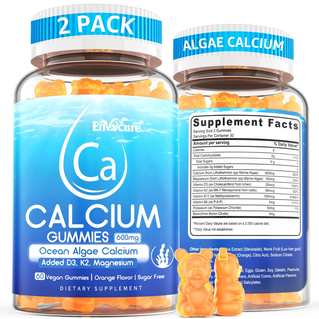 Calcium Gummim 600mg - Tambahan Kalsium untuk Perempuan, Ocean Algae Calcium 124; Vitamin D3, K2, Magnesium 124; untuk Kekuatan Tulang, Muscle & Imunue 124; Disediakan Algae Calcium, 70 + Mineral, Vegan, 2PRACK