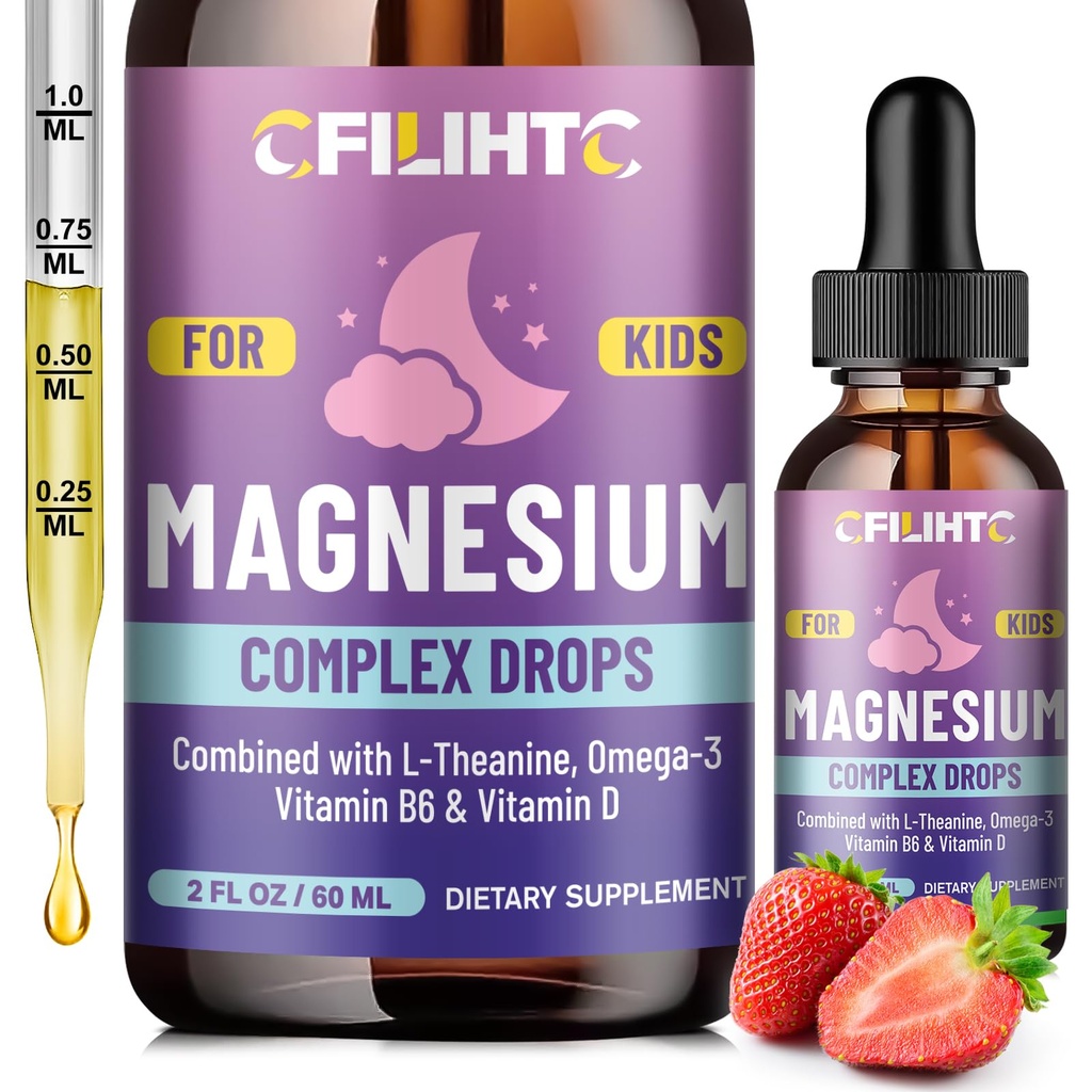 Kids Magnesium Liquid Drops -Magnesium Glycinate Liquid for Kids Application -w / L-theanine, Omega-3, Vitamin B6, D3 - untuk Tidur, Relaxation, Brain, Bones - 2 Fl Oz Anak Tenang, Strawberry Flavor