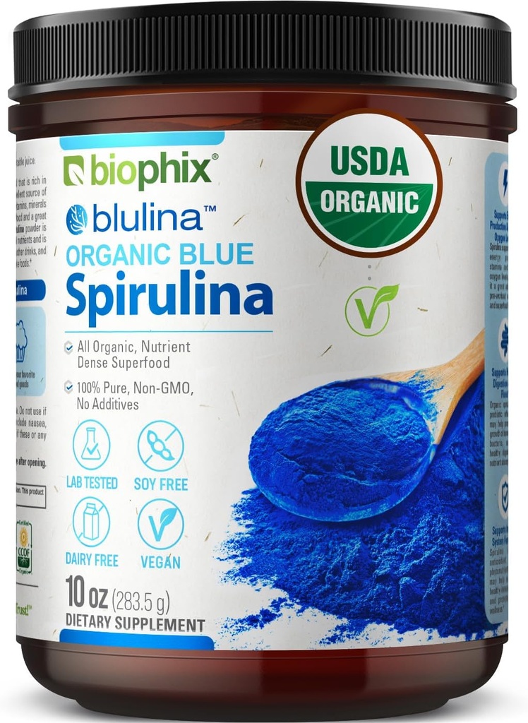 Biophix Blue Spirulina Powder Organik Blulina 10 oz - Algae Organic Spirulina Powder 283 - Superfood Suplemen - Igment Biru Alam - Espirulina en Polvo OrganicaOrganica Azul