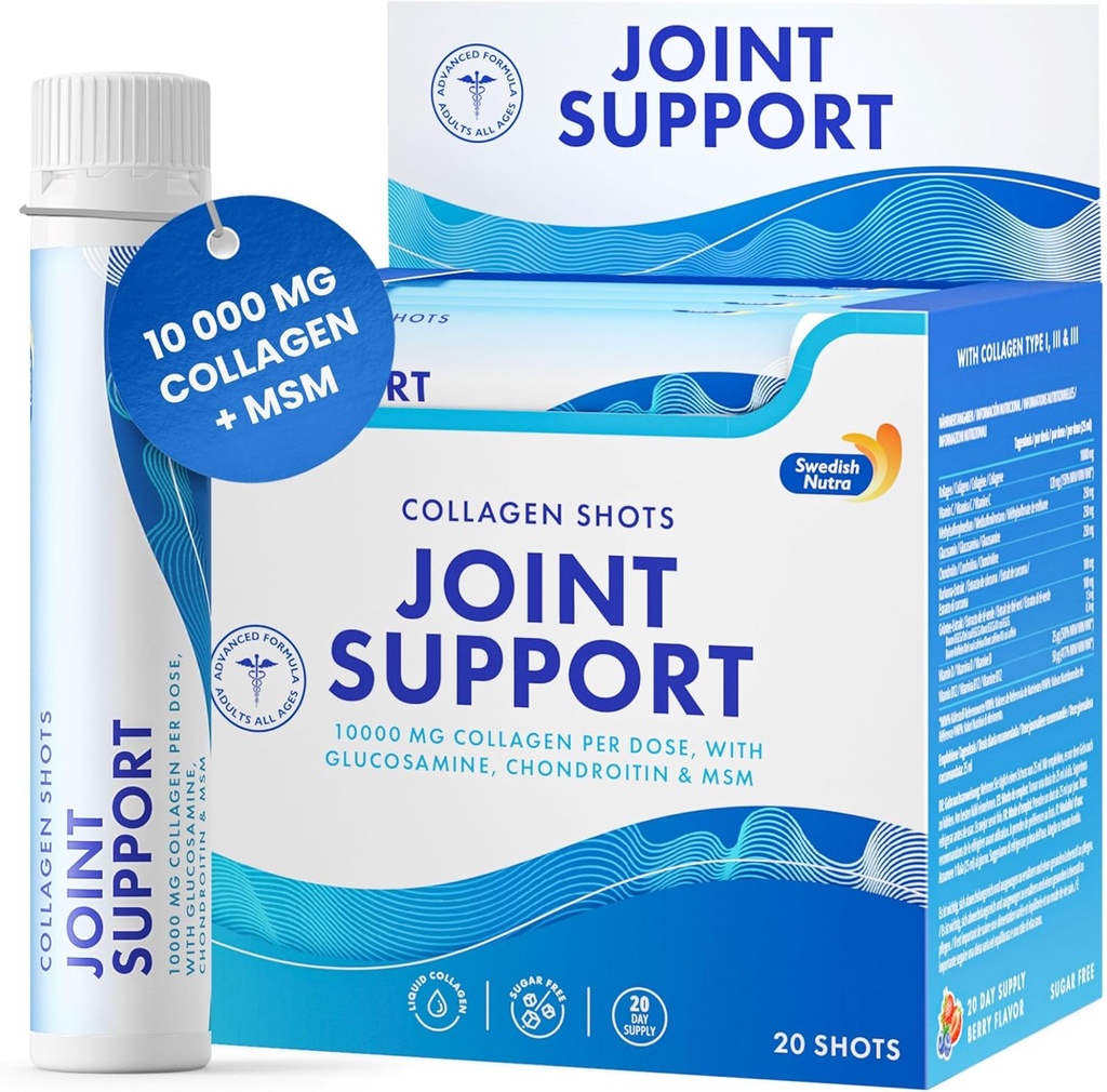 Nuttra Swedia - Bersama Dukungan Tembakan I 10.000 mg Collagen Tipe I, II & III I Glukoshamine, MSM, Chondroitin, Turmeric I 100% Natural Flavour I Sugar- Free - 20 Shots per Box