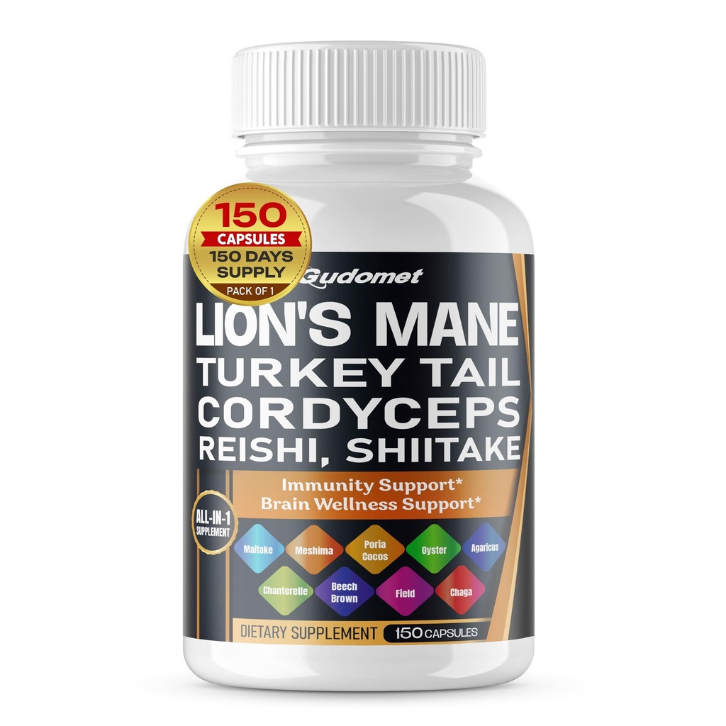 "Tail Cordyceps"... "Reishi Shiitake Maitake Meshima Cocos Oyster Mushroom Agaricus Chaga Shiitake Snow Mashroom -150 Capsules-" Dibuat di USA