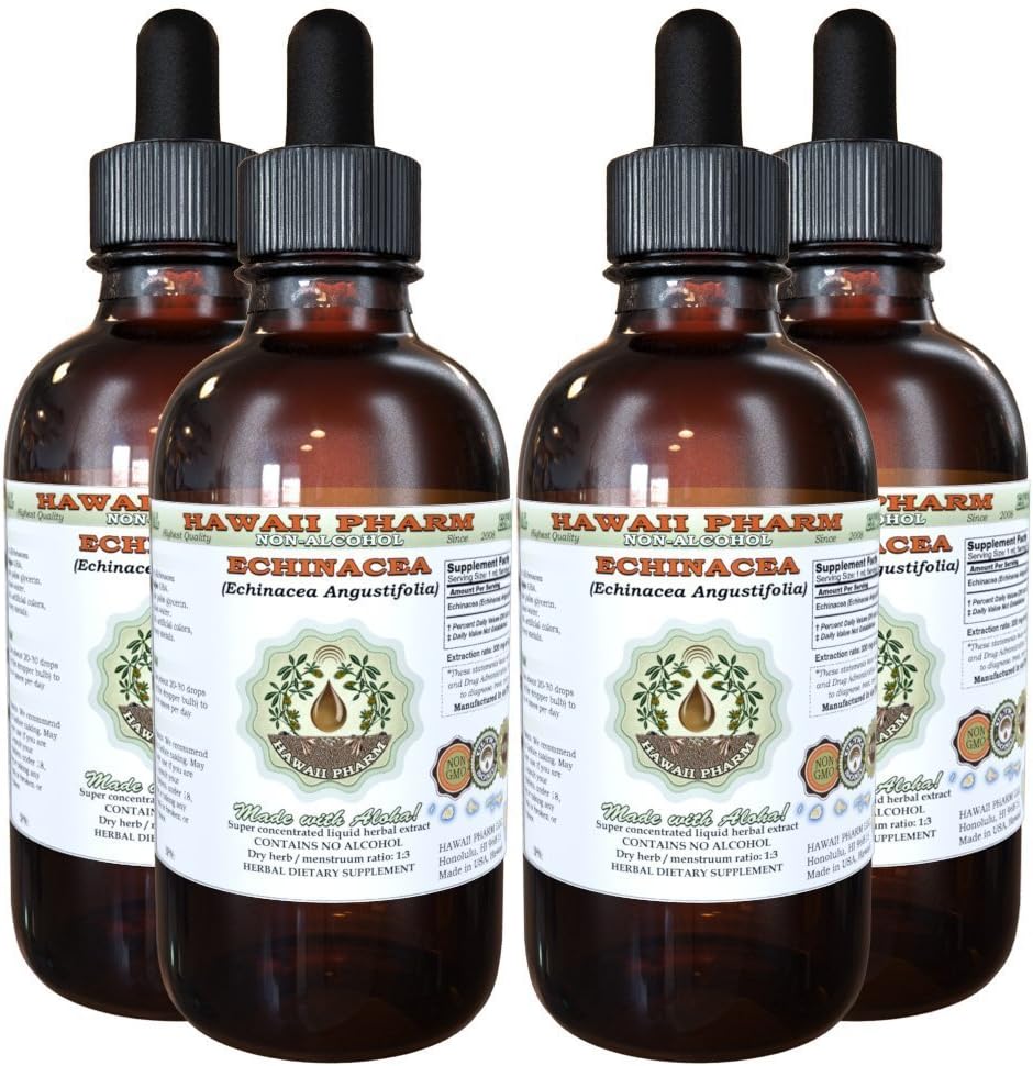 Echinacea Alcohol- Free Liquid Extract, Echinacea (Echinacea Angustifolia) Root Kering Glycerite Hawaii Pharm Natural Herbal Supplemen 4x4 oz