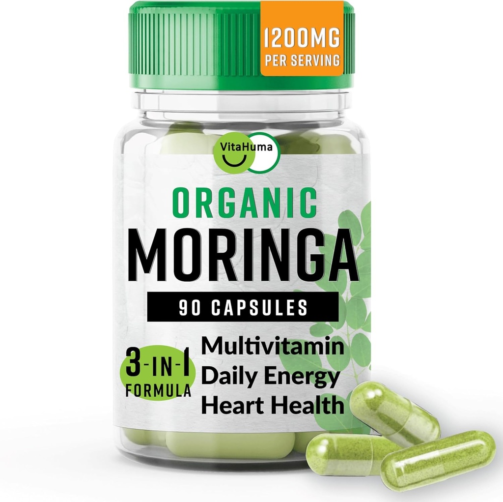 Organik Moringa, Netrient- Dense Antioksidant Dukungan dengan Vitamin C, A, E, Kalsium, Potasium Besi, Magnesium, Protein & Acids untuk Hidrasi & Energi, Vegan, 1200 MG per Serving, 90 CT