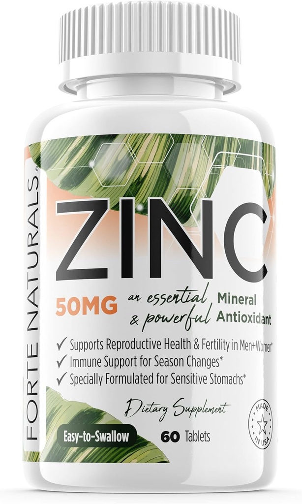 Zinc 50mg, (60 Tablet), Specially Formulated for Sensitive Stomach, Ammune Support, Skin & Hair, Vegan Zinc Supplemen, Non-GMO Dibuat di USA