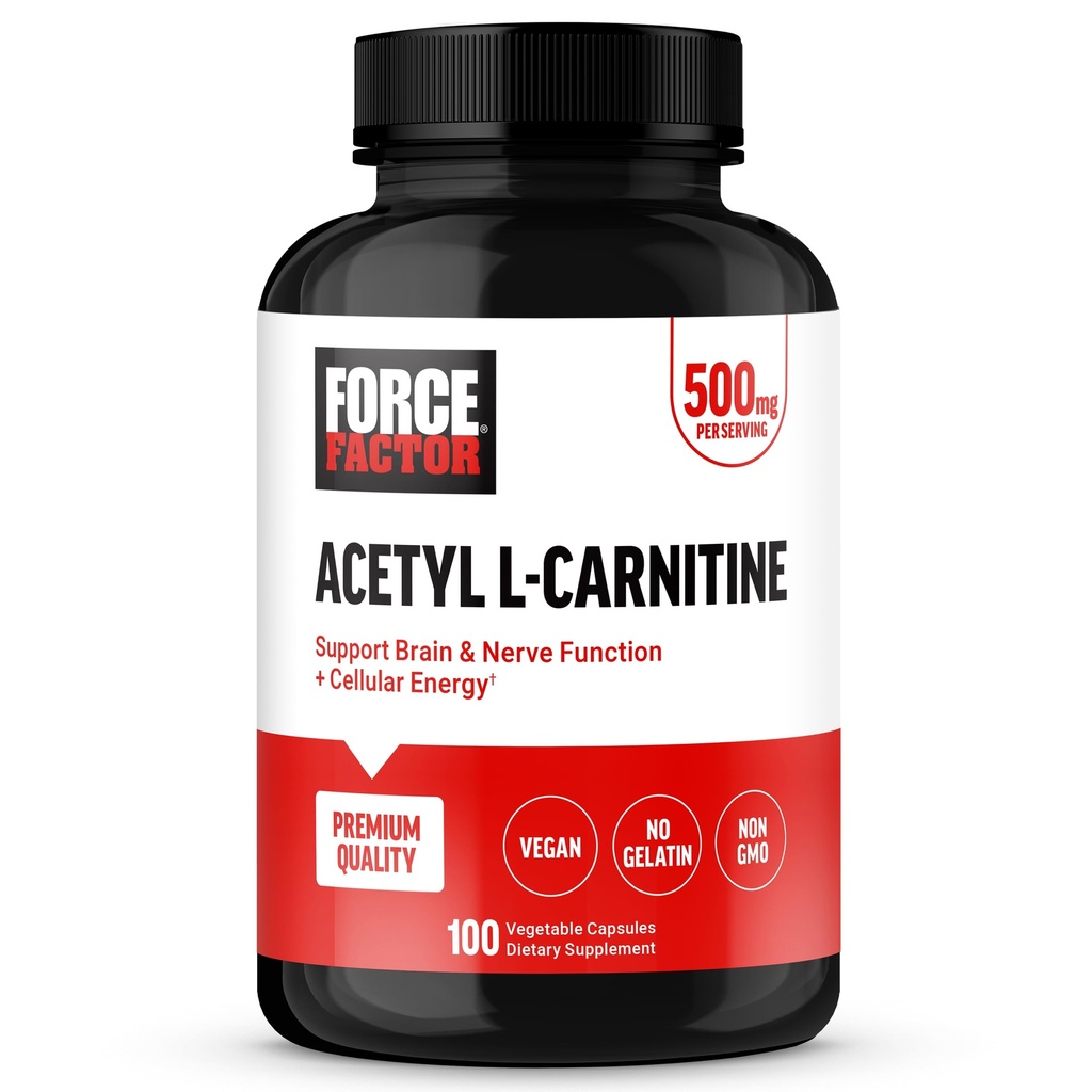 Force Factor Acetyl L- Carnitine Duplement Brain, Nerve Dupport Suplement, and Cellular Energy Booster, Acetyl L- Carnitine 500mg, Premium Quality, Vegan, Non-GMO, 100 Vegetable Capsules