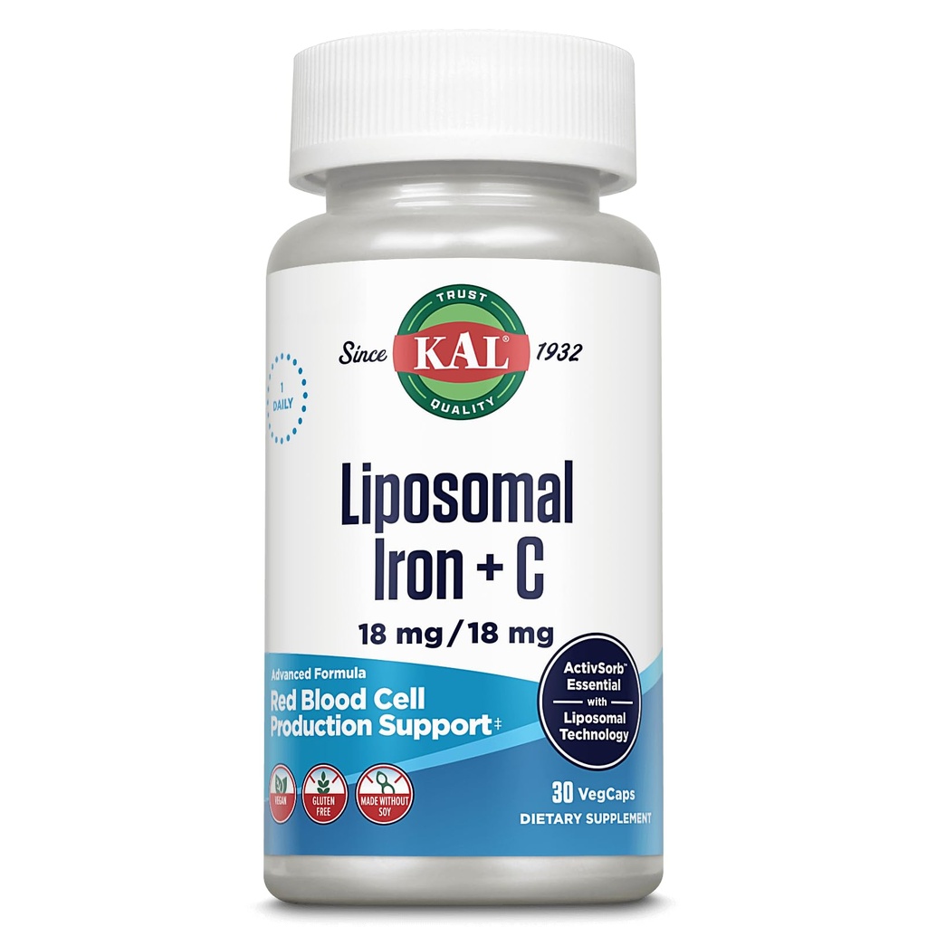 KAL Lipomal Iron Suplemen dengan Lipomal Vitamin C, Iron Suplemen untuk Perempuan dan Pria, Larangan Tinggi, Pil Besi Lembut, Vegan, Gluten Bebas, 30 Servis, 30 Vegan