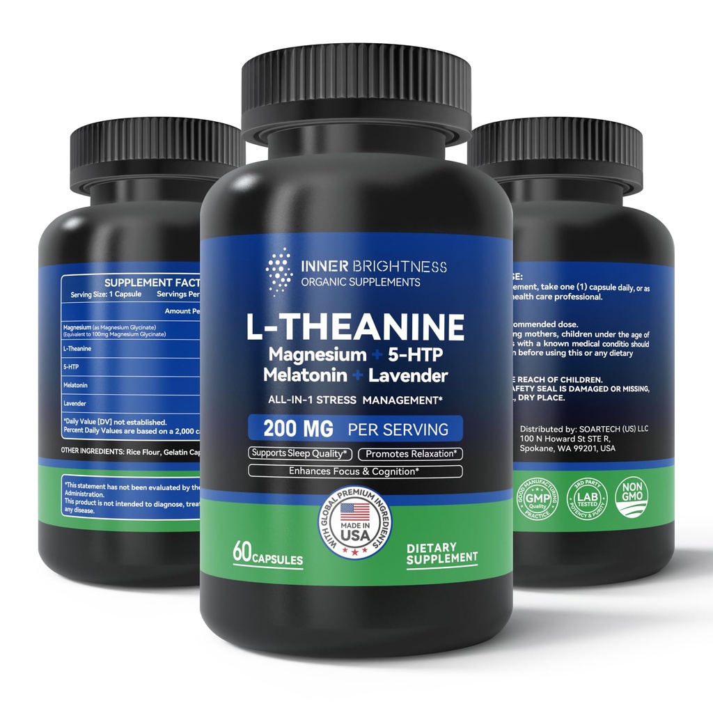 L Theanine 200mg, Magnesium, 5-HTP & Melonatin - All-in-1 L-Theanine Suplemen untuk Stress Relief, Fokus & Kognition, Tidur - 60 Capsules