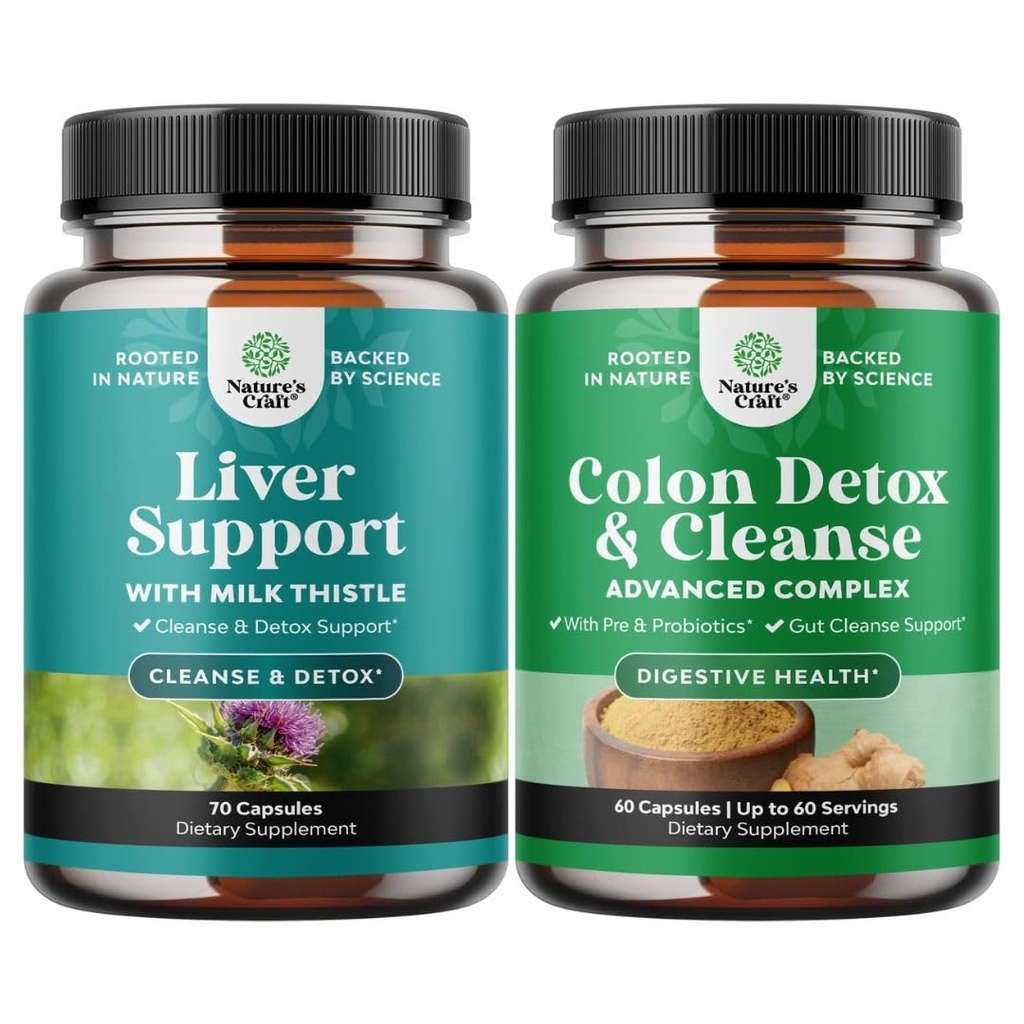 Bundle of Liver Cleanse Detox & Repair Complex and Colon Cleanser & Detox - Herbal Liver Support with Silymarin Milk - Lacrosillus Acivobilus Probiotic Suplemen Tubuh Cleanse