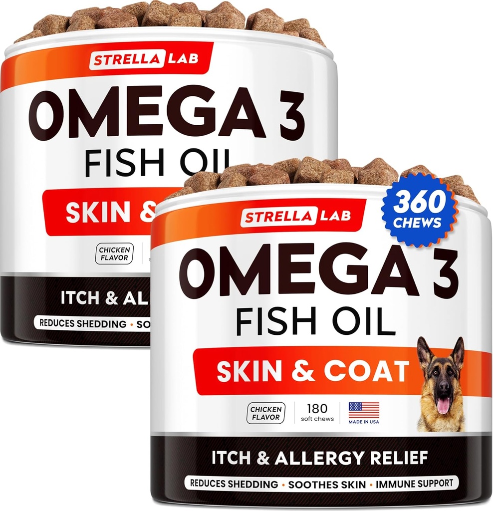 STELLALAB Omega 3 for Dogs - (360Ct) Treats Fish Oil - Allergy & Itch Relief Skin & Coat Suplement - Dry Itchy Skin, Anti Shedding & Hot Spots - Pet Salmon Oil Chews - Chicken Flavor