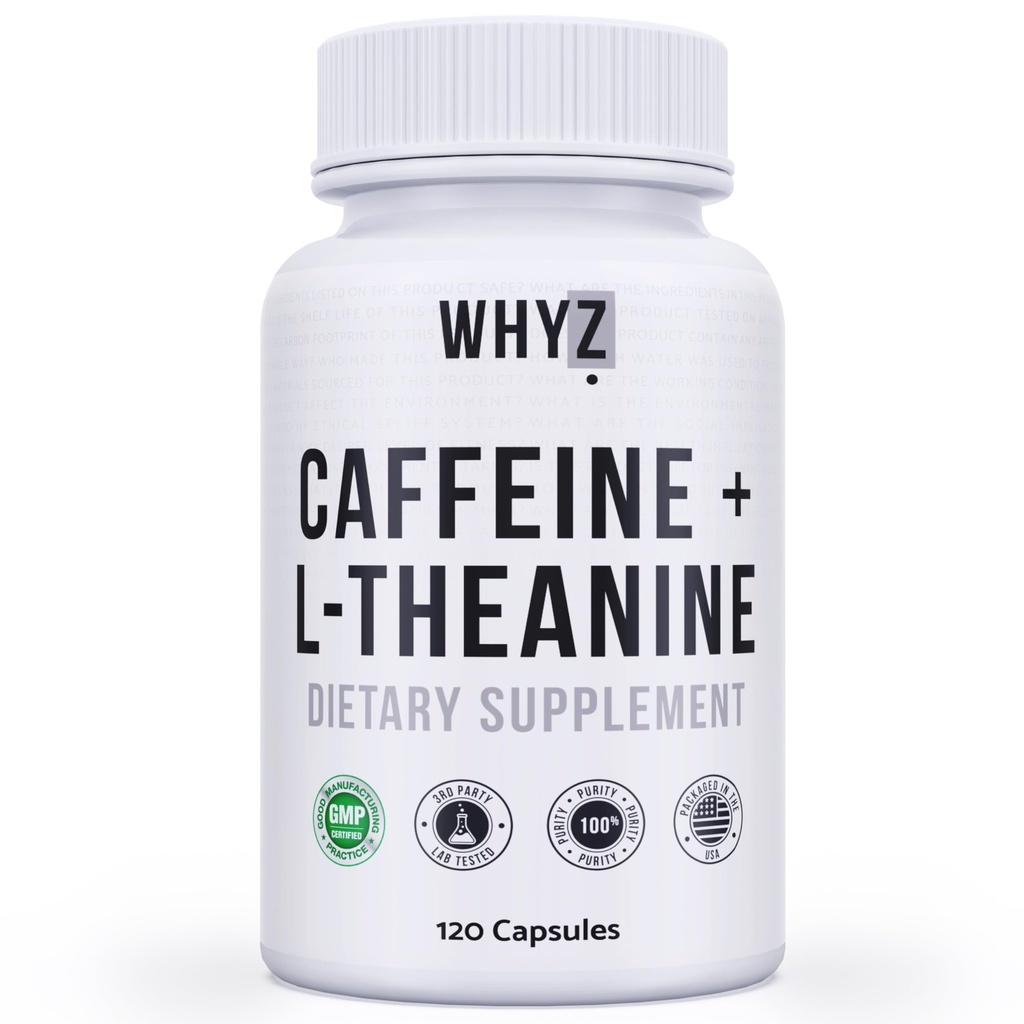Pil Caffeine WHYZ dengan L- Theanine, 120 Capsules, Nootropic Stack Energy Pills, Vitamin Energi untuk Konten Energi Terlarang dan Fungsi Kognitif, Persediaan Energi Kafein L Teanine untuk Perempuan & Pria