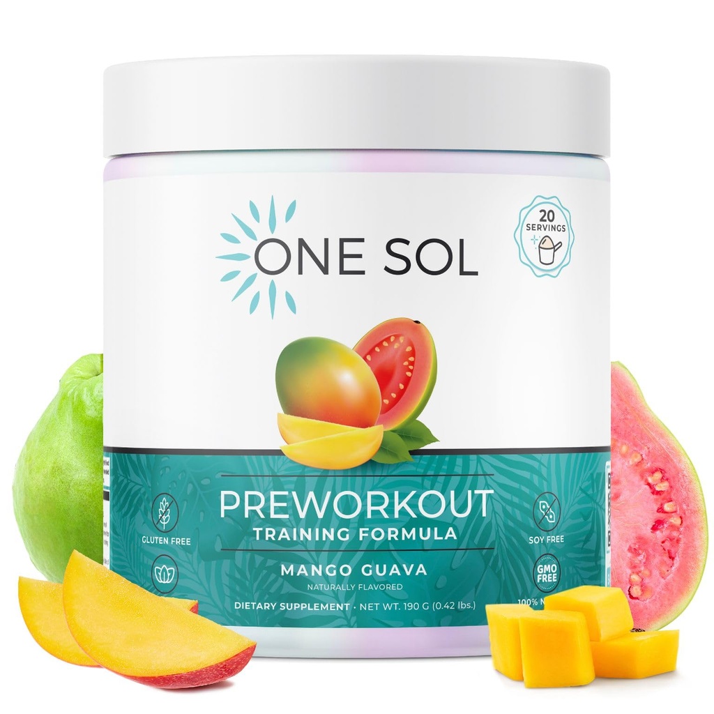 One Sol Pre- Workout for Women, Enhanced Pump & Focus, No Jitters Or Craster, Natural Ingredials, 100% Vegan, Gluten Free & Soy Free, (Mango Guava)
